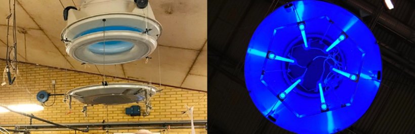 Figure 1. UV-C systems which are integrated in the ventilation inlets and radiates the incoming air before entering the pig unit. Left:&nbsp;Ventilation inlet with UV-C tubes.&nbsp;Right:&nbsp;UV-C tubes placed in inlet.
