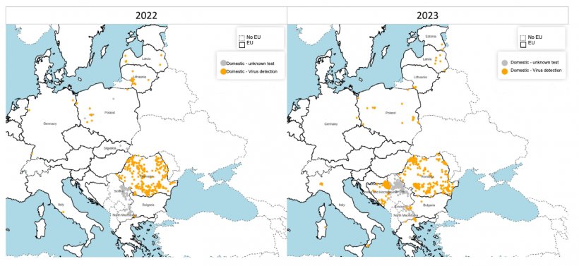 Spatial distribution of ASF outbreaks among confirmed domestic pigs in 2022 (left) and 2023 (right). Source: ADIS, accessed February 1, 2024. &copy; EuroGeographics for administrative boundaries.
