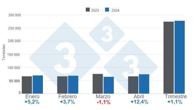 Graph 1. Monthly pig slaughter in the first four months of 2024 - annual variations. Prepared by 333 Latin America with data from CAPORC and CNP. 