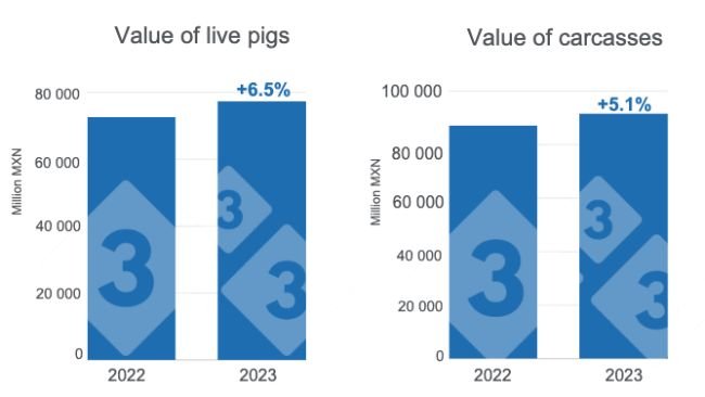 Value of live pig production and carcasses for 2023, annual variations. Prepared by 333 Latin America with data from the Food and Agriculture and Fisheries Information Service (SIAP). 