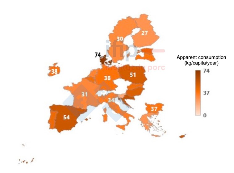 Apparent pork consumption in 2023 in the EU-27 Source: Ifip with JRC data.
