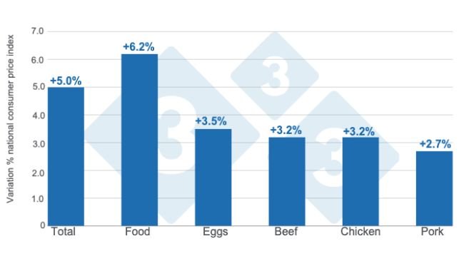 Annual percentage changes in total consumer price index, food and main animal proteins - June 2024. Prepared by 333 Latin America with Agrifood and Fisheries Information Service (SIAP) data.