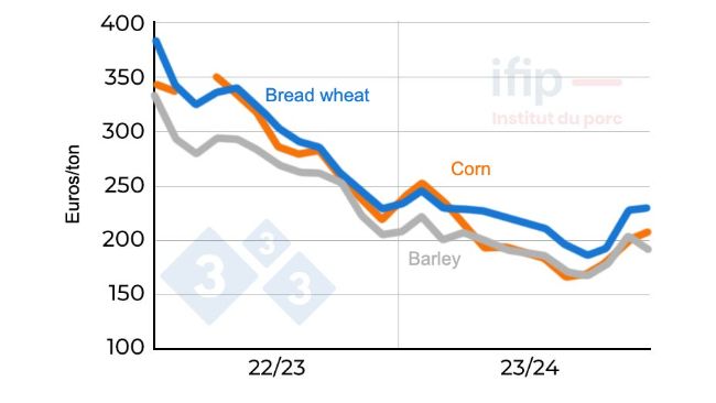 Wheat and corn prices in France. At origin Eure-et-Loir; Source: Ifip according to La D&eacute;p&ecirc;che.
