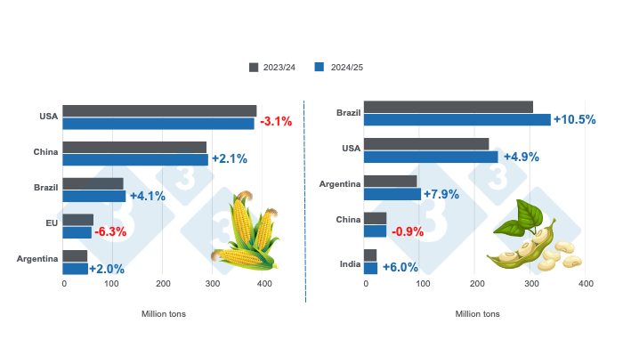 Crop projections for the world's major corn and soybean producers - 2024/25 versus 2023/24 season - Last updated: January 10, 2025. Prepared by 333 Latin America with data from FAS - USDA.