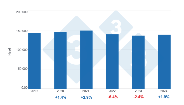 Graph 2. Evolution of pig slaughter in Uruguay in the last 5 years, annual variations. Prepared by 333 Latin America with data from the OPYPA 2024 Yearbook and INAC.
