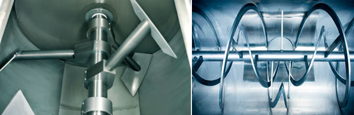 Figure 1. On the left is a horizontal single-shaft paddle mixer (Picture: Buhler AG catalog). On the right is a&nbsp;ribbon mixer (Picture: Flowtec catalog).
