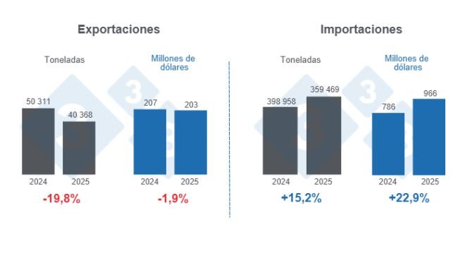 Mexico's pork trade in the first quarter of 2025, annual variations. Prepared by 333 Latin America with data from the Agricultural Markets Advisory Group (AMAG).