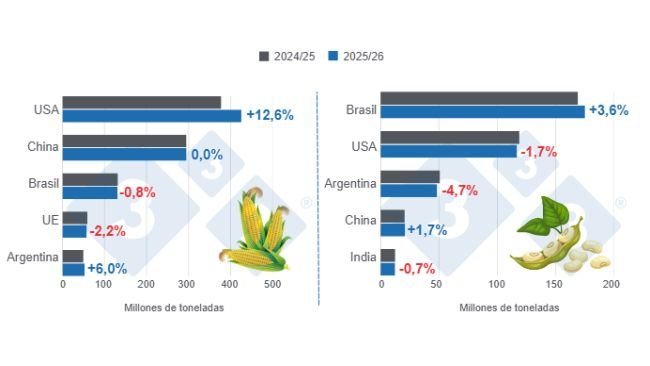 Harvest projections for the world's leading corn and soybean producers - 2025/26 season versus 2024/25 season - last update: August 12, 2025. Prepared by 333 Latin America with data from FAS - USDA.