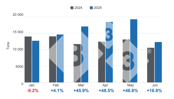 Monthly imports of pork products and by-products in the first half of 2025, annual variations. Prepared by 333 Latin America with data from DANE.
