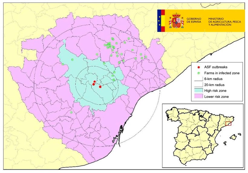 Location of restricted farms within the infected area, with municipalities in high and lower risk zones. (Source: MAPA)
