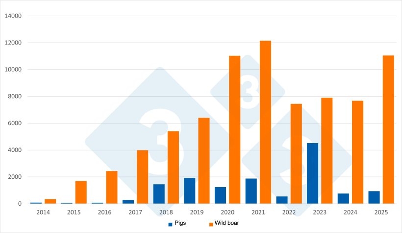 Total number of ASF outbreaks in wild boar and domestic pigs in Europe (excluding Russia). Source: 333 based on ADIS data.