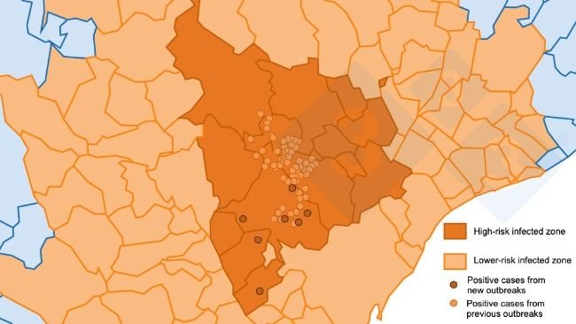 Detailed location of the 162 cases of wild boar detected in the infected area. Light circle: cases from previous outbreaks. Dark circle: newly reported cases (Source: Department of Agriculture, Livestock, Fisheries and Food).