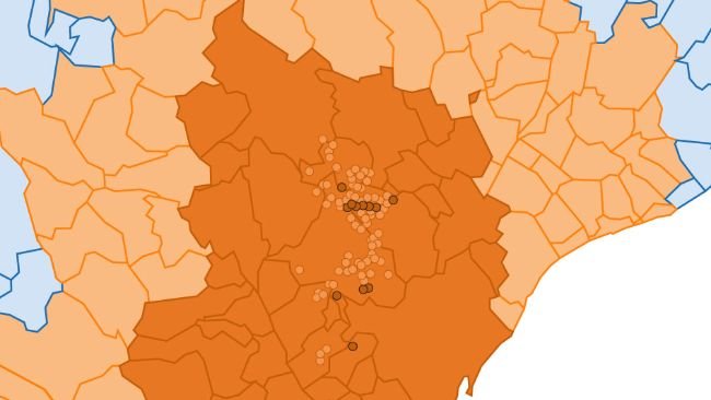 Detailed location of the 216 cases of wild boar detected in restricted zone II. Light circle: previous cases. Dark circle: newly reported cases (Source: Department of Agriculture, Livestock, Fisheries and Food).