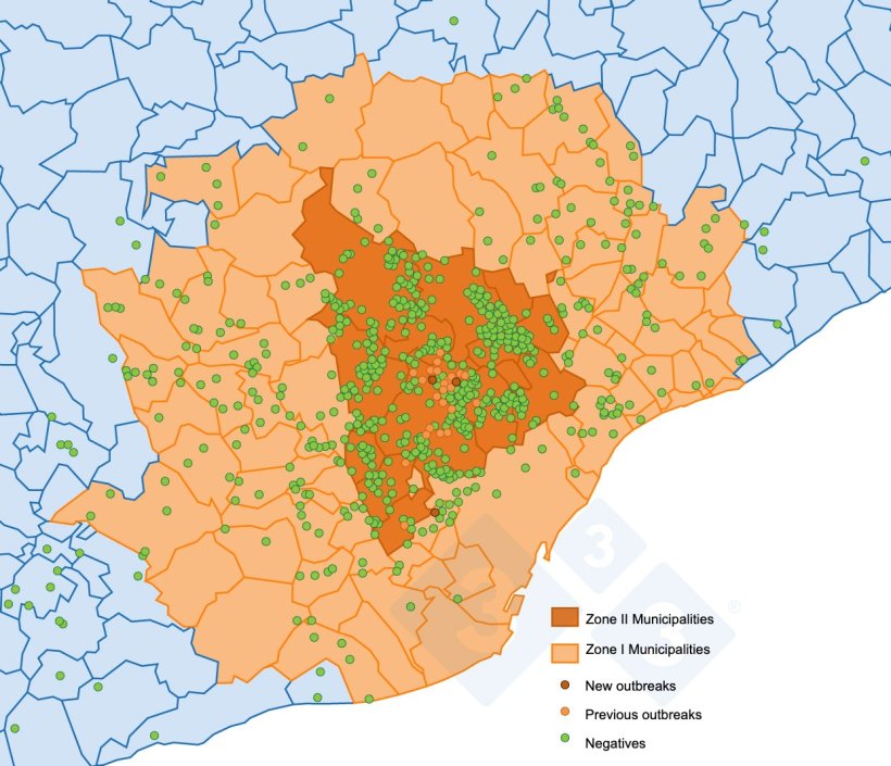 Location of the 37 outbreaks in wild boars and of the wild boars captured or found dead and negative detected in restricted zone II (Source: MAPA).
