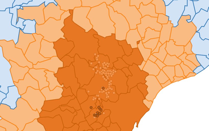 Detailed location of the 227 cases of wild boar detected in restricted zone II. Light circle: previous cases. Dark circle: newly reported cases (Source: Department of Agriculture, Livestock, Fisheries and Food).
