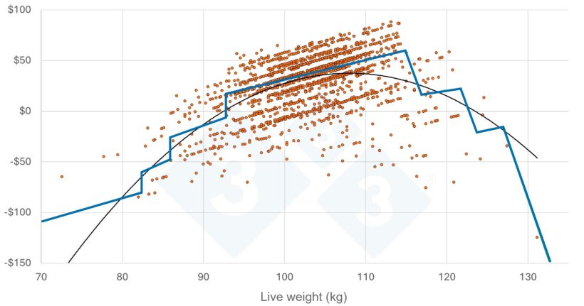 Figure 3: Per head profit - Individual pigs plotted. Note: striations in data points due to categorization of carcass traits such as lean percent or backfat depth.
