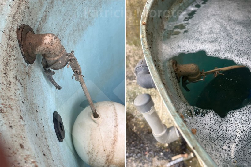Photo 1. On the left, a damaged float valve. On the right, an overflowing tank due to a float valve failure.