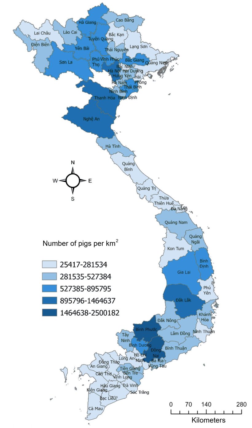 Maps showing the pig population density in Vietnam in 2023.&nbsp;Chuong, V et al, 2025
