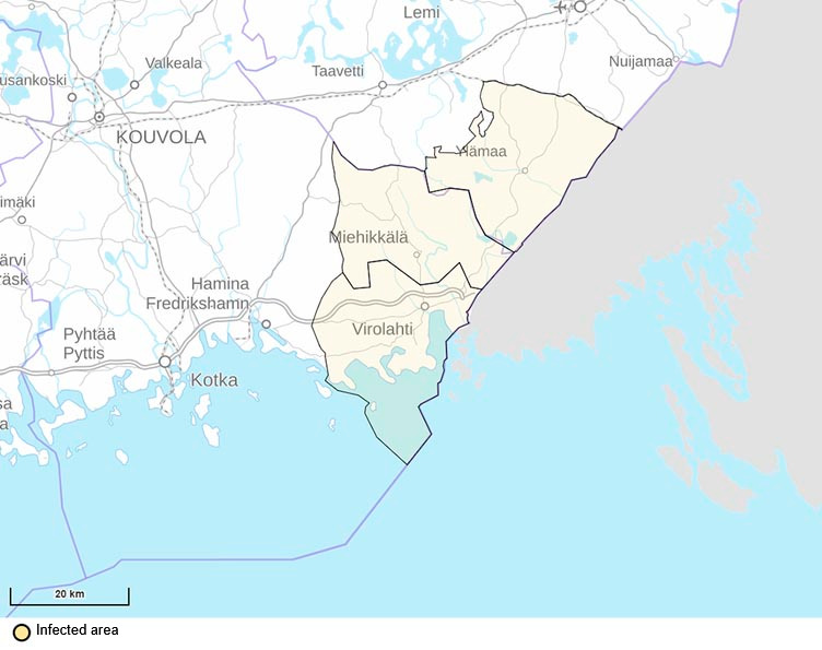 Map of the restricted zone following the ASF detection. Source: Ruokavirasto.
