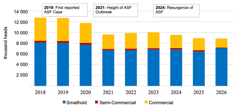 Swine inventory in the Philippines, 2018-2026. Source: PSA.