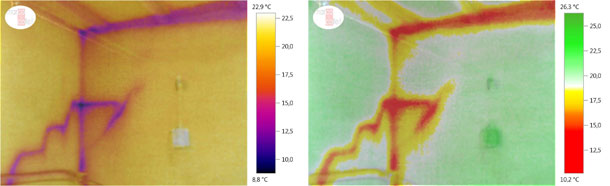 Image superposition (thermal + digital) in order to analyse the surface temperature differences (winter). We can see a lower temperature in the roof beams, the joints and the junctions between the faç