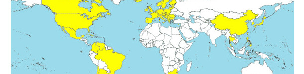 Countries in which the PCV2-SD has been diagnosed (yellow-coloured).