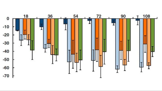 Changes in the phagocytic capacity of porcine alveolar macrophages at various times post-infection by PCV2, PRRSv, PCV2 + PRRSv, PRRSv + PCV2, PCV2 + PRRSv