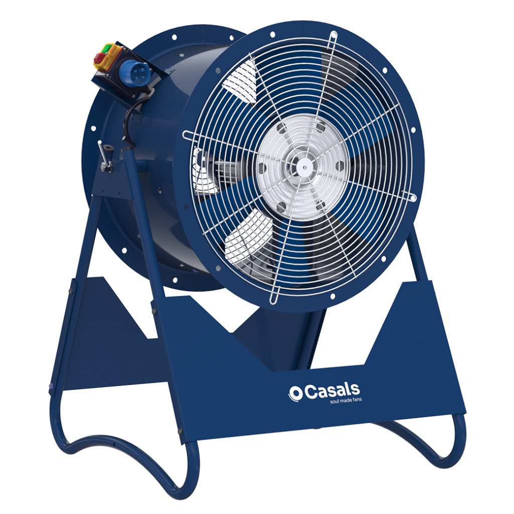 HI portable fan with directional air jet for cooling industrial spaces